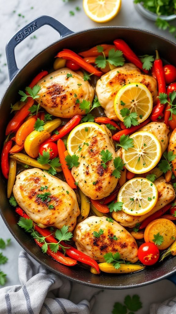 A delicious one-pan lemon garlic chicken with colorful vegetables