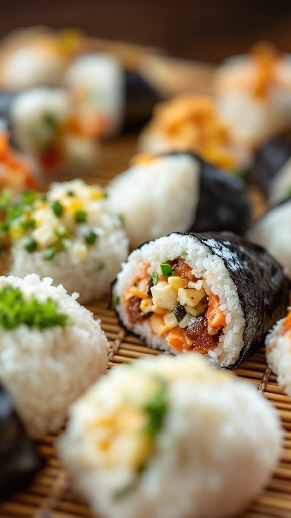 Onigiri rice balls with various fillings.