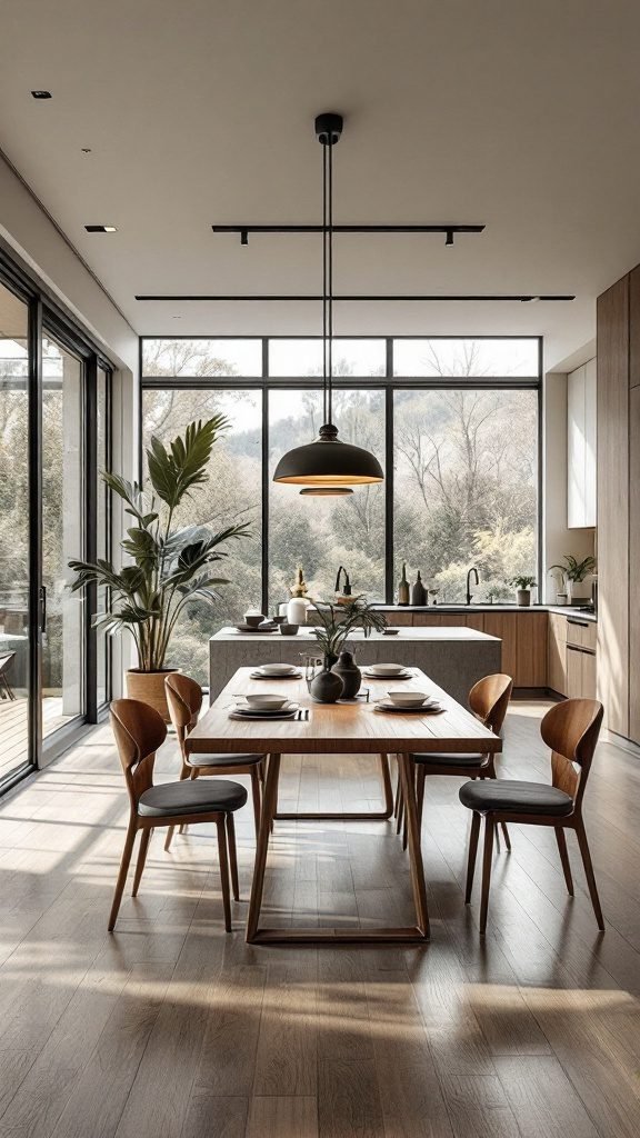 A modern open-concept dining room featuring a wooden table, upholstered chairs, and large windows.