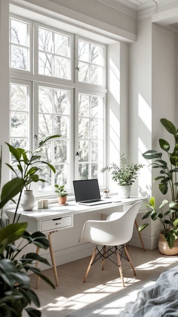 Bright and airy office space with a modern desk, laptop, and plants near large windows.