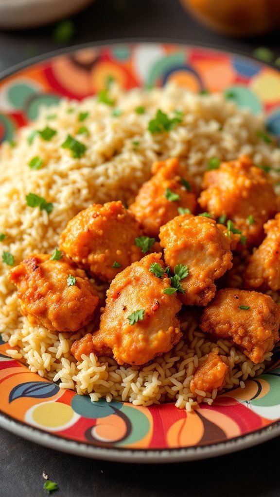 A delicious plate of orange chicken served with fried rice, garnished with green onions.