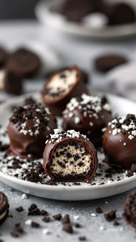 Delicious Oreo truffle bites on a plate, drizzled with chocolate and topped with crushed Oreos.