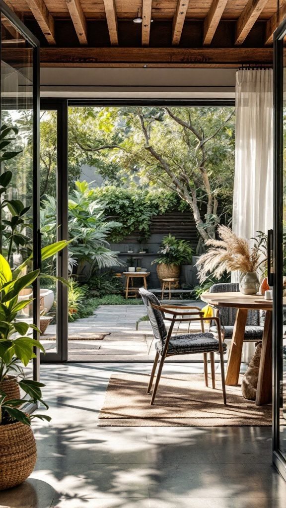 A modern dining room with glass doors leading to a garden, featuring wooden furniture and greenery.