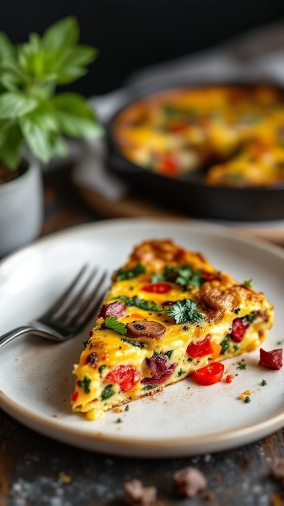 A slice of colorful vegetable frittata on a plate, showcasing a mix of bell peppers, spinach, and tomatoes.