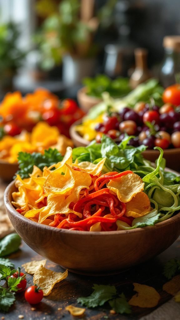 Oven-baked veggie chips in a wooden bowl, surrounded by fresh vegetables.
