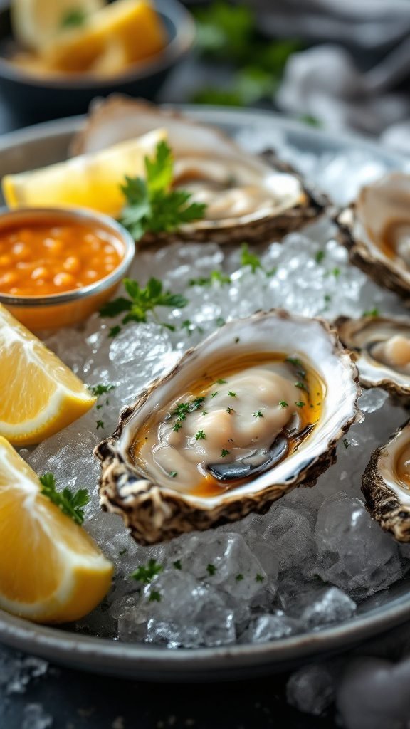 A plate of oysters on the half shell with mignonette sauce and lemon wedges.
