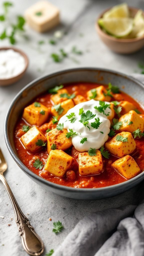 Delicious paneer tikka masala in a bowl with fresh herbs and yogurt