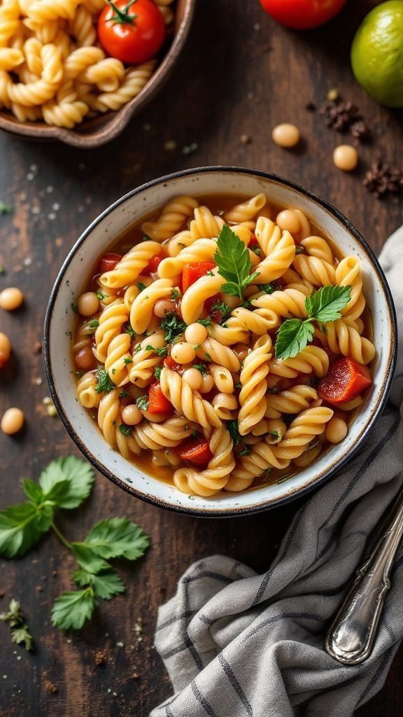A bowl of Pasta e Fagioli with swirls of pasta and beans in a savory broth garnished with fresh herbs.