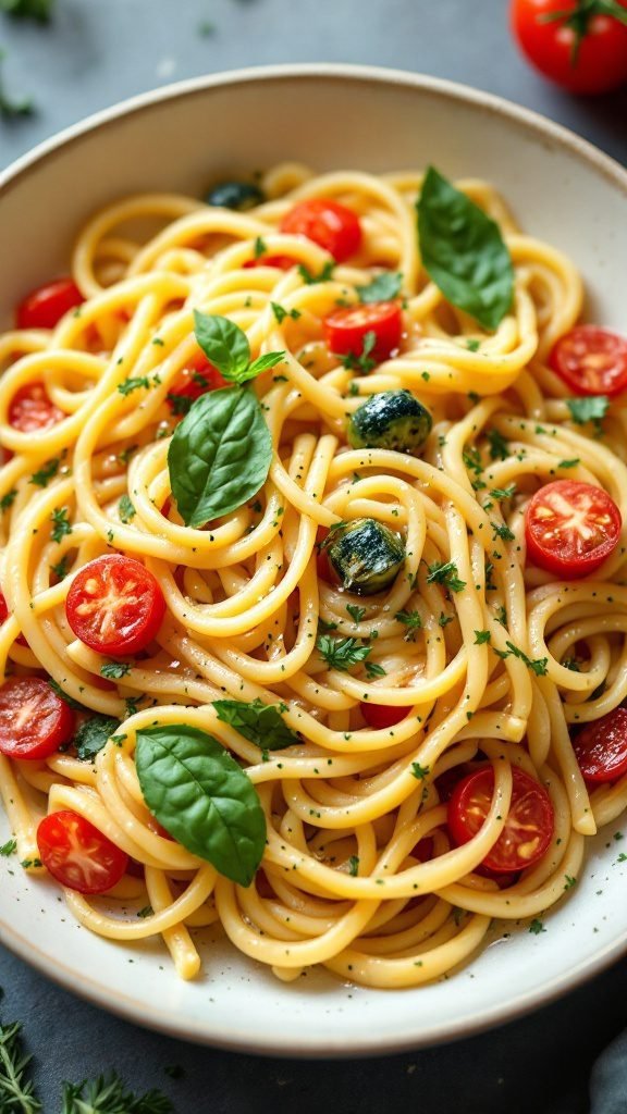 A bowl of pasta primavera with cherry tomatoes and fresh basil.