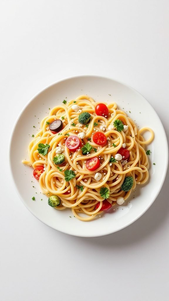 A plate of pasta primavera with cherry tomatoes, broccoli, and a creamy sauce.