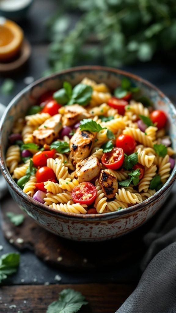 A colorful pasta salad with grilled chicken, cherry tomatoes, and fresh herbs.