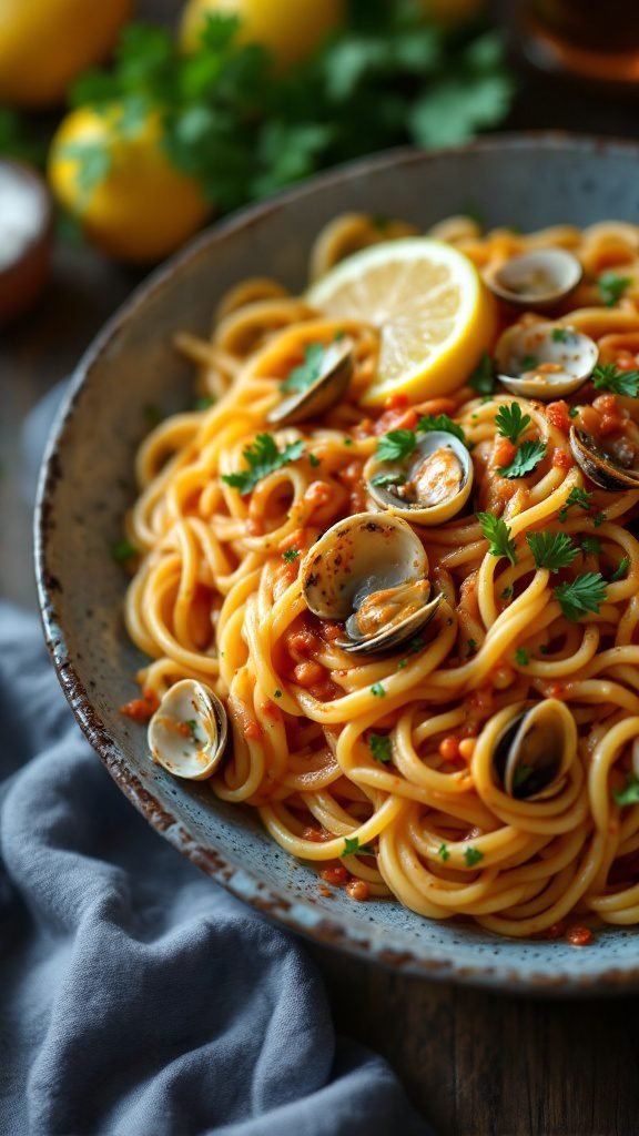 A plate of pasta with clam sauce garnished with lemon and parsley.
