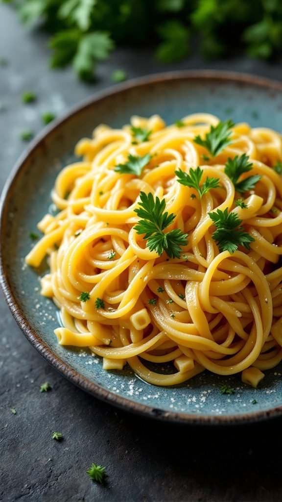A plate of pasta with garlic and olive oil, garnished with parsley.