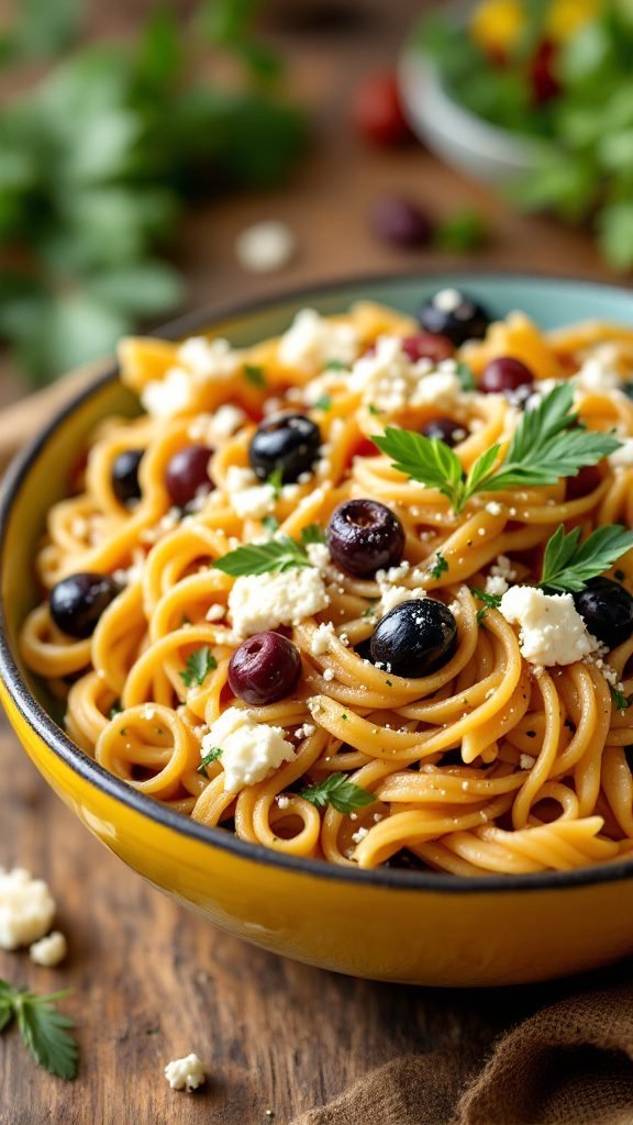 A bowl of pasta topped with Greek olives and feta cheese garnished with parsley.