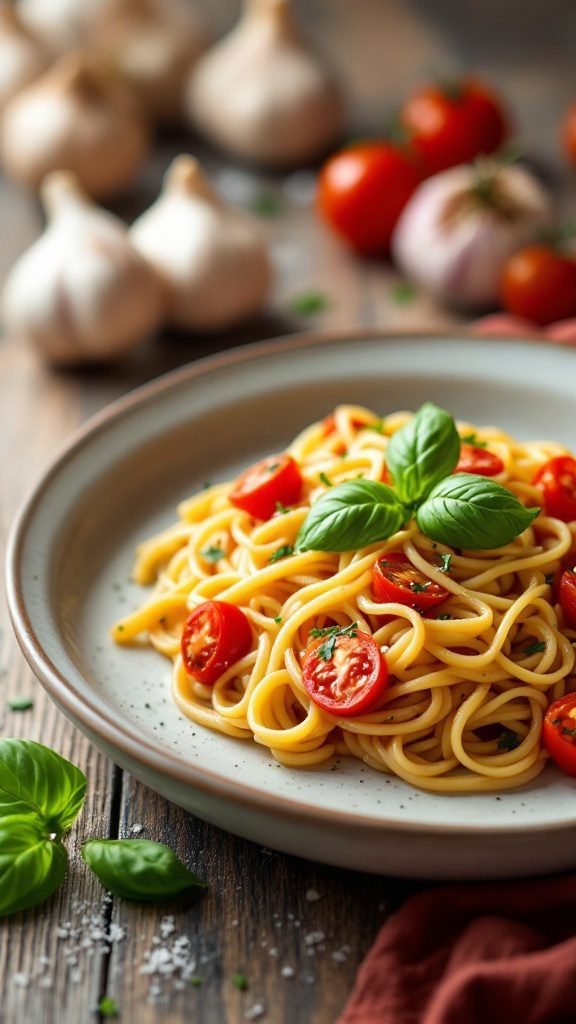 A delicious plate of pasta with cherry tomatoes and fresh basil.