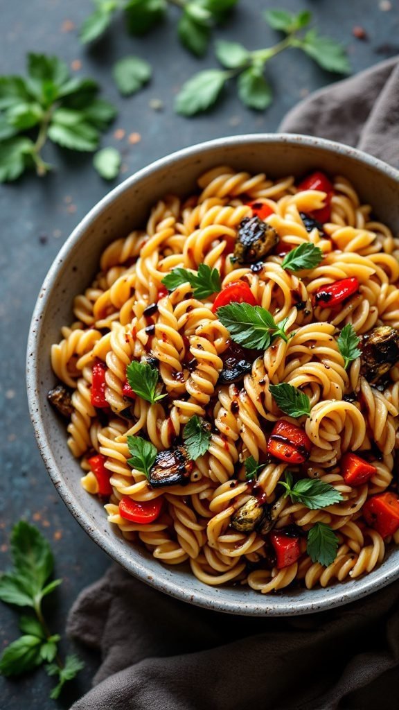 A bowl of pasta with roasted vegetables garnished with fresh herbs.
