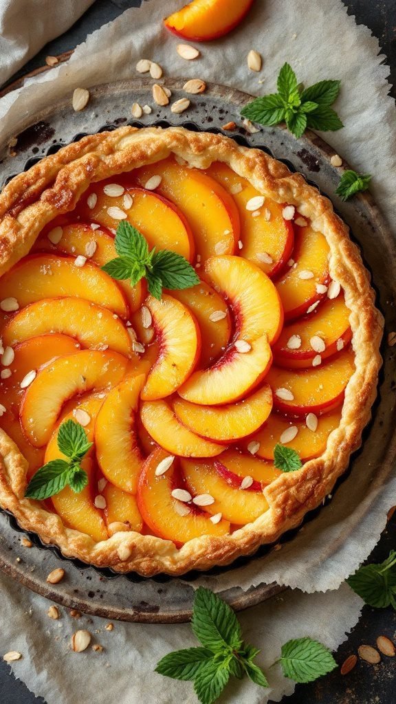 A peach and almond tart with fresh peach slices and mint leaves