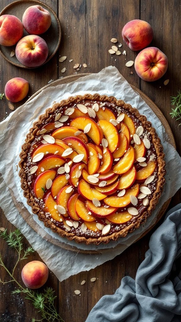 A beautiful Peach and Almond Tart decorated with fresh peach slices and almond flakes.