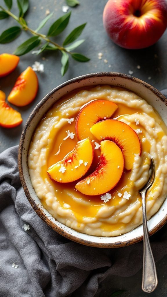 A bowl of creamy grits topped with fresh peach slices and honey.