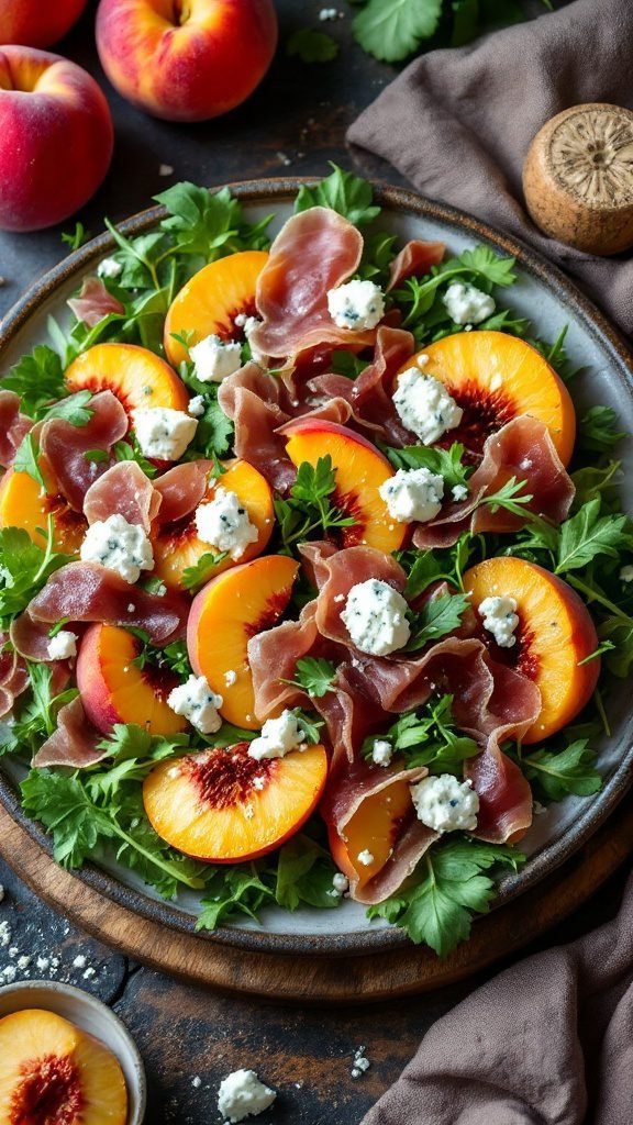 A vibrant peach and prosciutto salad with greens and cheese.