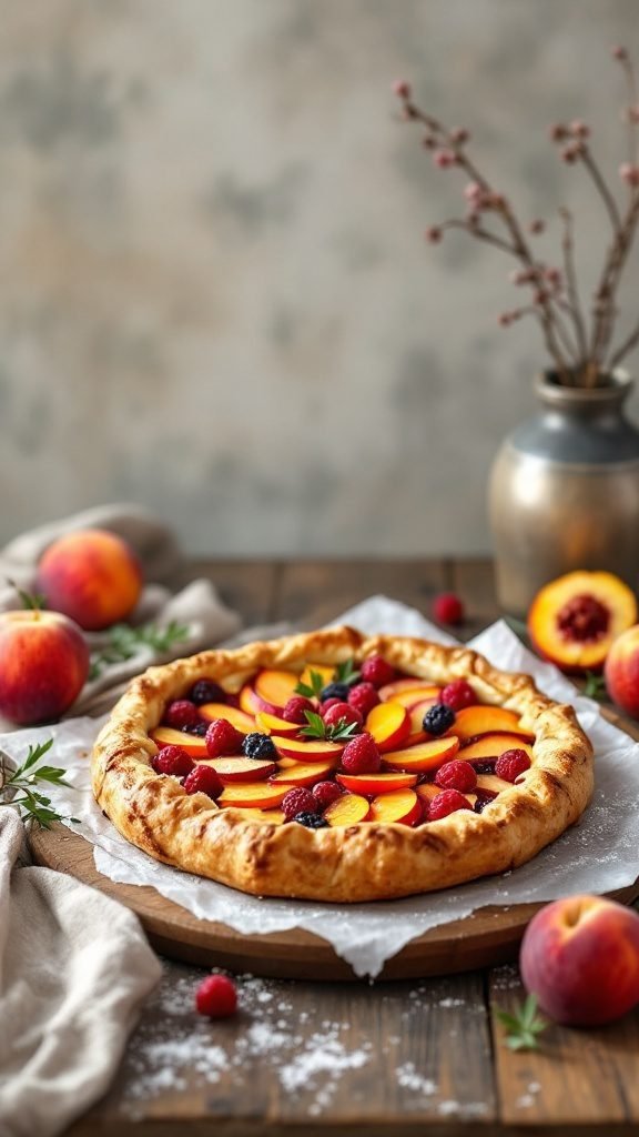 A delicious Peach and Raspberry Galette on a wooden surface, garnished with fresh fruits.