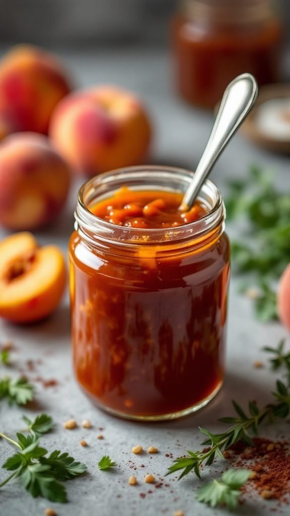 A jar of peach BBQ sauce surrounded by fresh peaches and herbs
