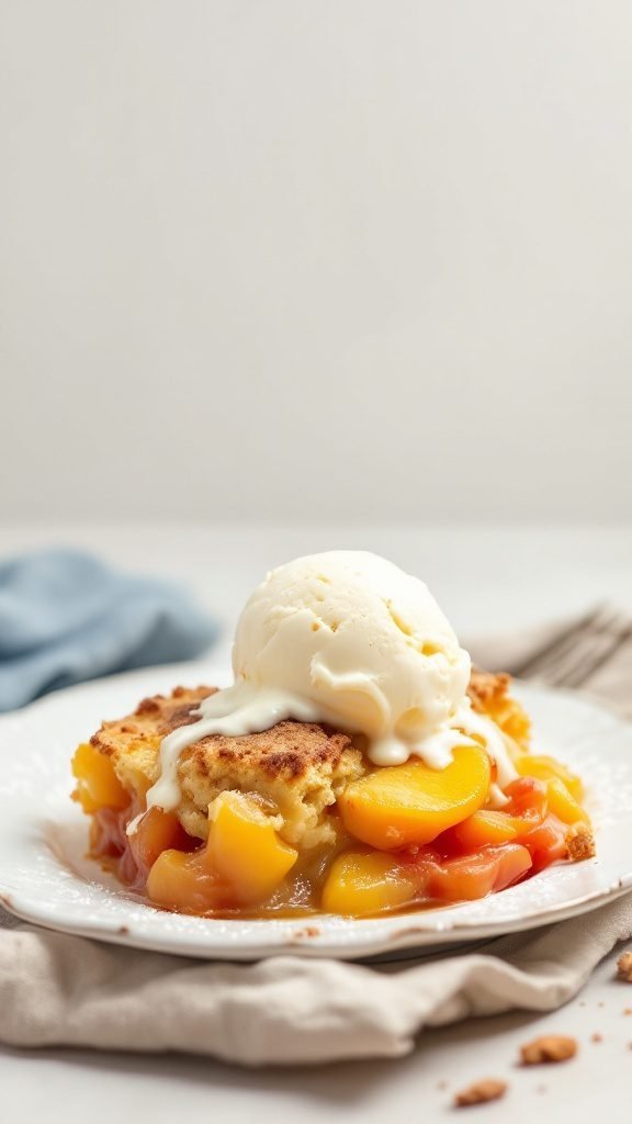A serving of peach cobbler topped with ice cream on a plate.