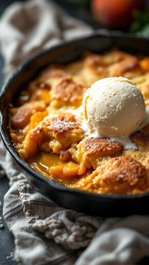 Peach Cobbler with a scoop of vanilla ice cream on top