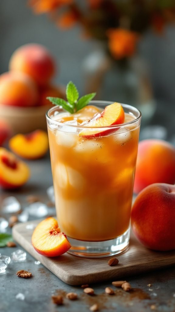 A refreshing glass of Peach Iced Coffee, garnished with peach slices and mint.
