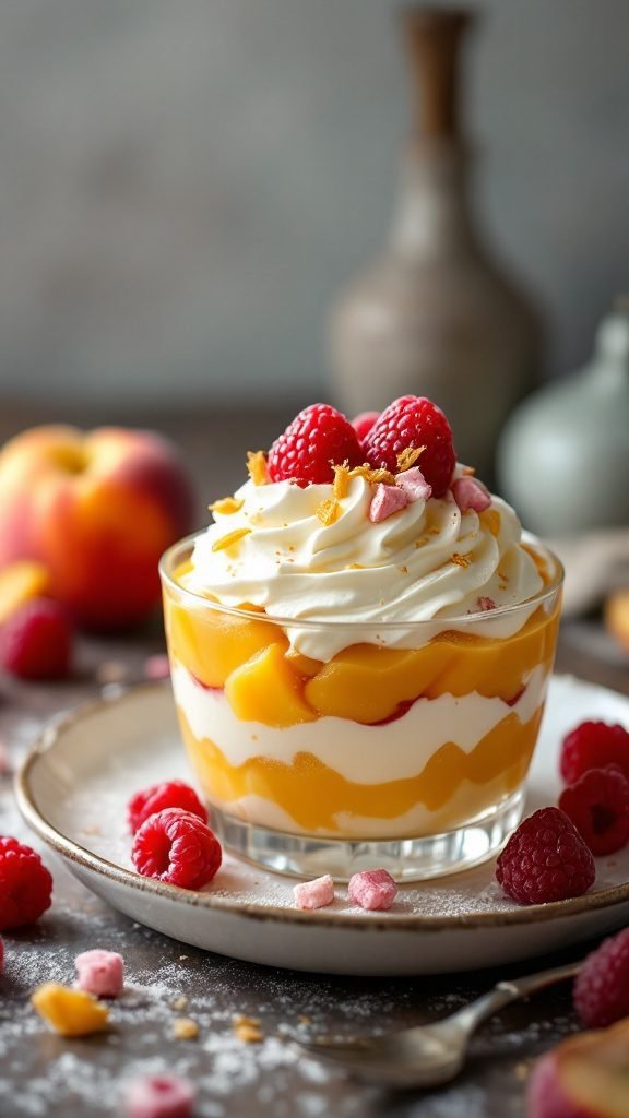A delicious Peach Melba Fool dessert in a glass, layered with peaches and cream, garnished with raspberries.