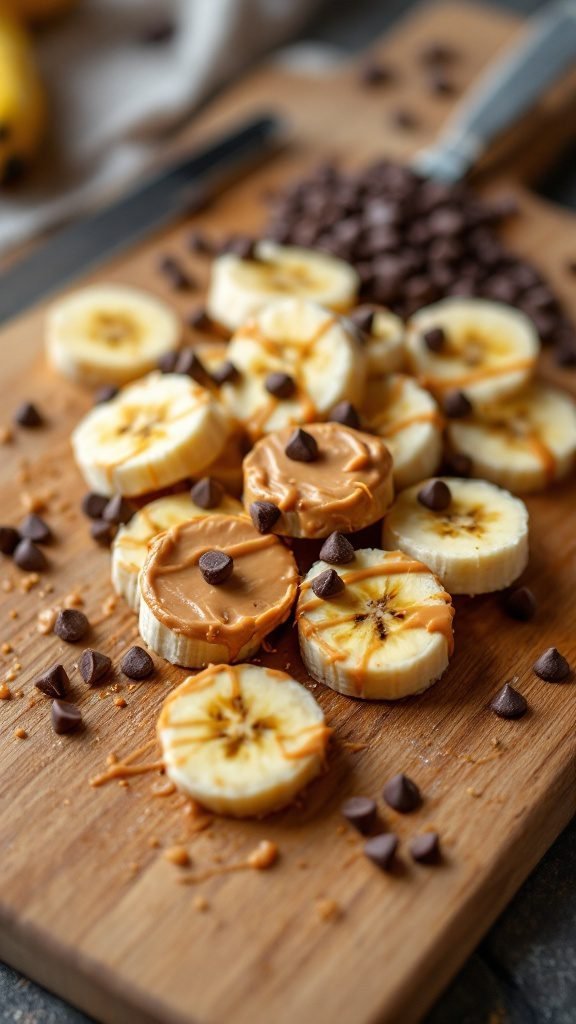 Peanut Butter Banana Bites on a wooden board.