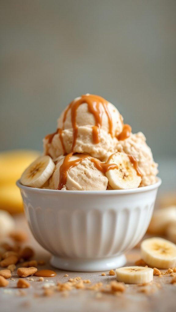 Peanut Butter Banana Ice Cream in a bowl with sliced bananas and peanut drizzle
