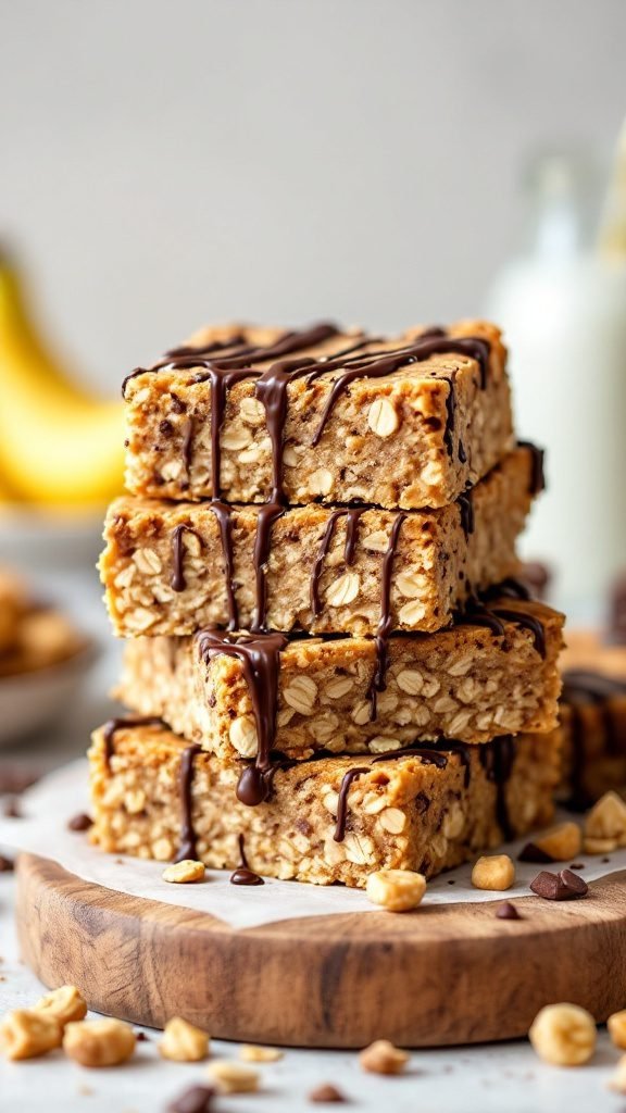 Peanut Butter Banana Oat Bars stacked on a wooden board