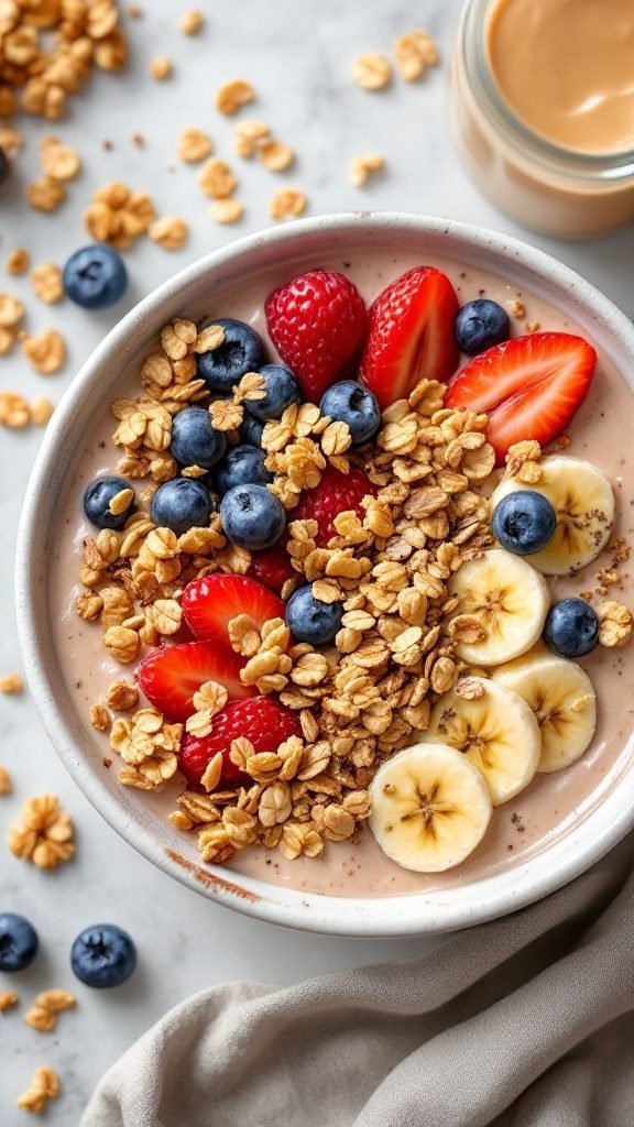 A delicious peanut butter banana smoothie bowl topped with granola and fresh fruits.