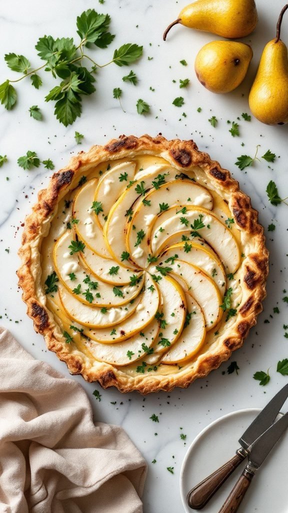 A delicious Pear and Gorgonzola Tart garnished with parsley, showcasing its golden crust and layered pear slices.