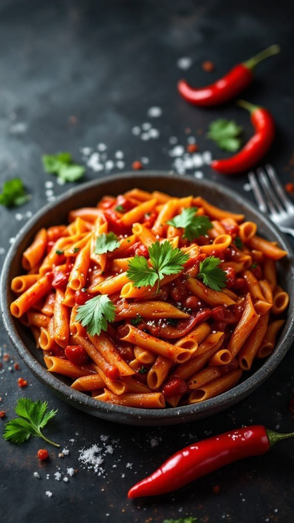 A delicious plate of Penne Arrabbiata topped with fresh parsley