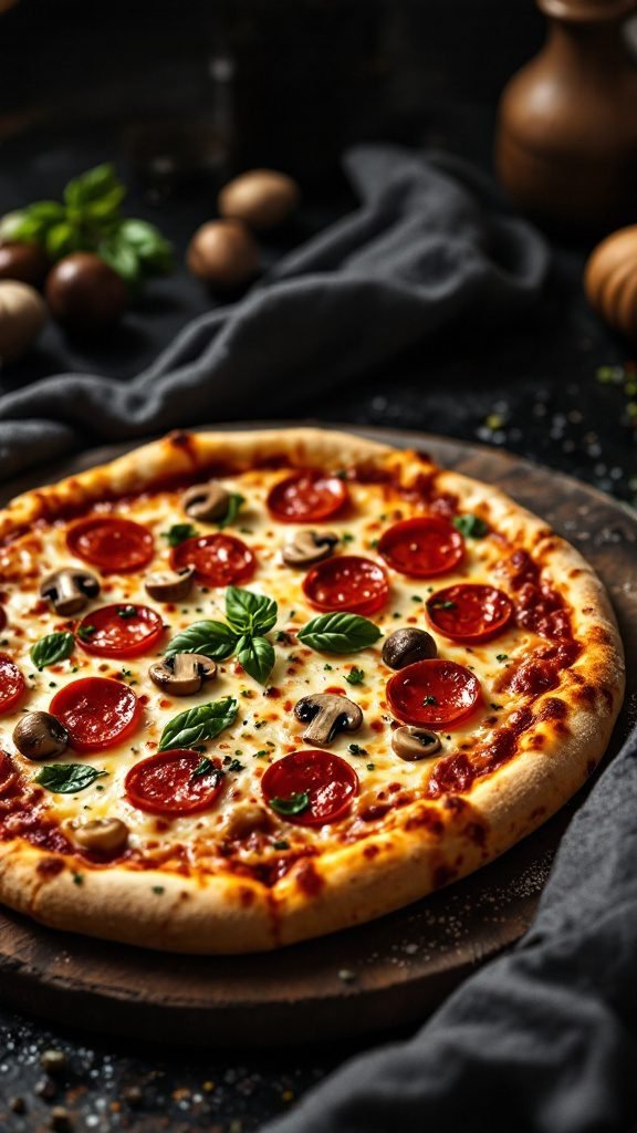 A delicious pepperoni and mushroom pizza with a golden crust and melted cheese.