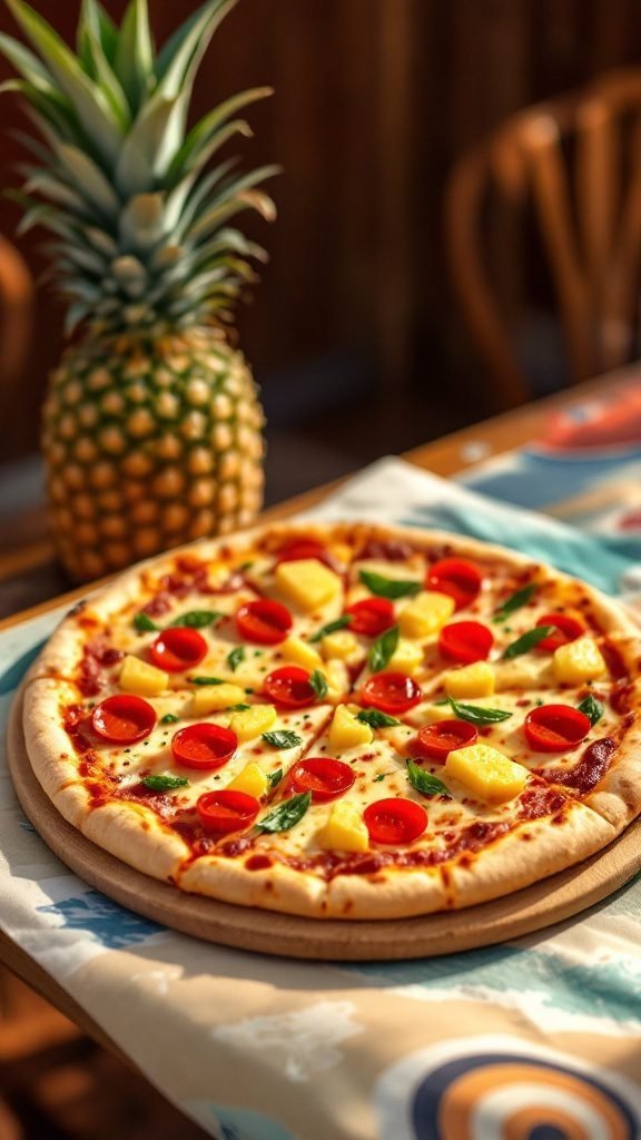 Pepperoni and Pineapple California Style Pizza on a wooden serving board.