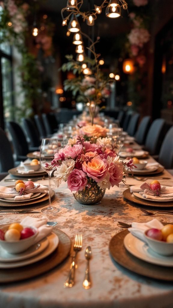 A beautifully arranged dining table featuring vibrant flowers, elegant tableware, and stylish lighting.