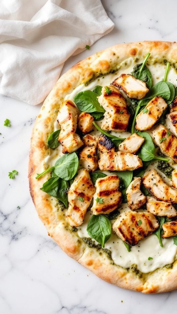 A delicious Pesto Chicken Pizza topped with grilled chicken and fresh spinach.