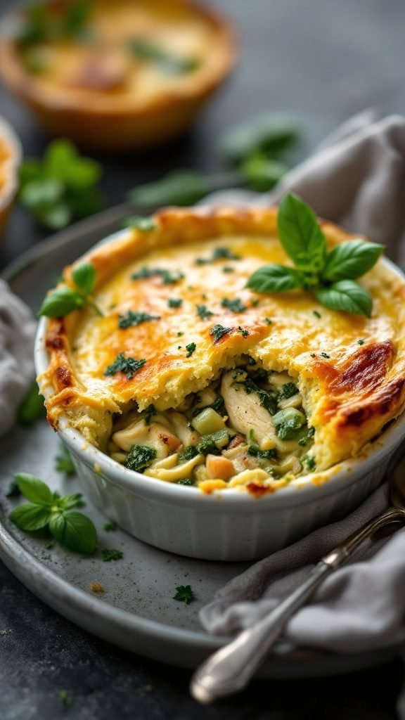 A delicious Pesto Chicken Pot Pie ready to be served.