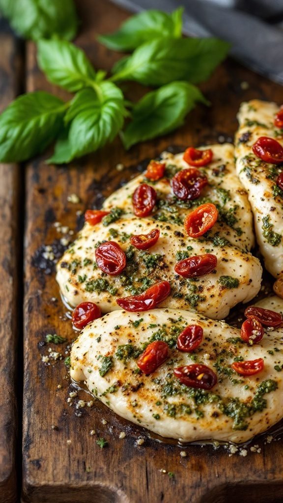 Pesto chicken with sun-dried tomatoes on a wooden cutting board.