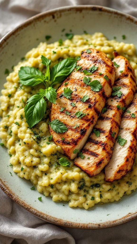 A dish of creamy pesto grits served with sliced grilled chicken breast, garnished with herbs.