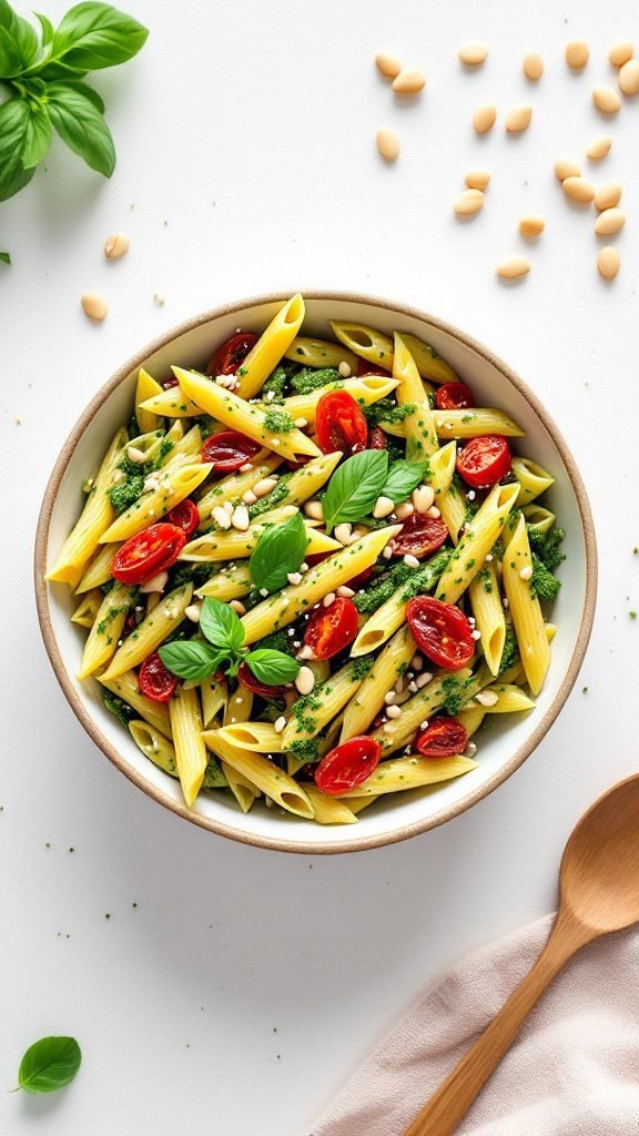 Delicious pesto penne pasta with sun-dried tomatoes and pine nuts