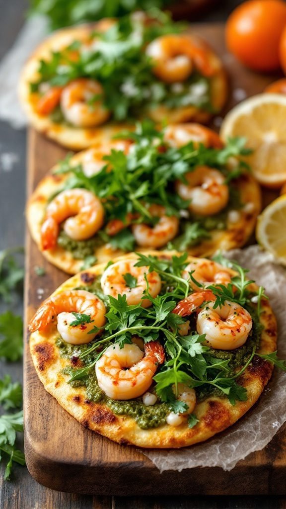 Pesto shrimp flatbreads with fresh parsley and lemon slices