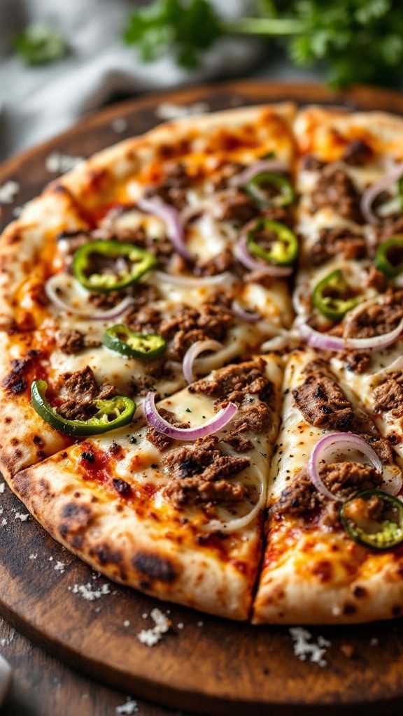 Philly cheesesteak pizza with onions and peppers on a wooden board.