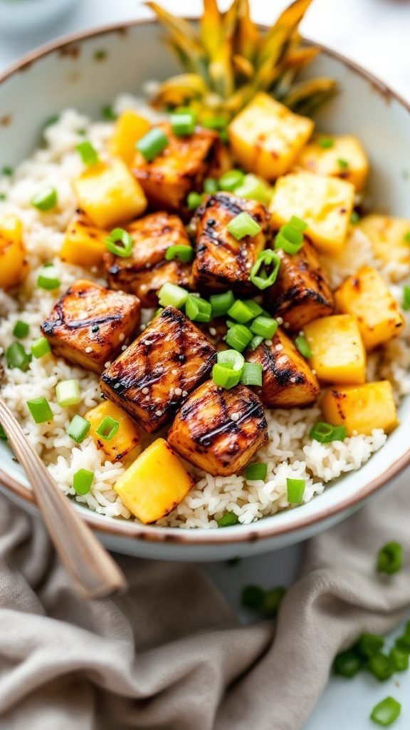 A delicious Pineapple Teriyaki Tofu Bowl featuring grilled tofu and pineapple on jasmine rice, garnished with green onions.