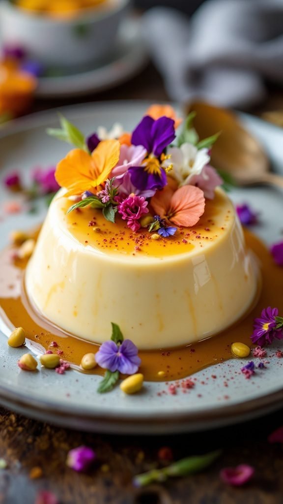 A refreshing pistachio and rosewater panna cotta dessert, garnished with colorful flowers.