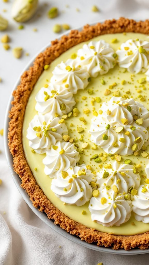 A delicious pistachio pudding pie with a graham cracker crust, topped with whipped cream and chopped pistachios.
