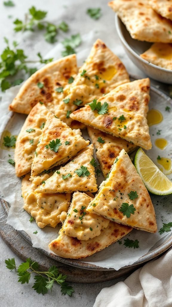 Pita bread wedges served with creamy baba ganoush and garnished with parsley